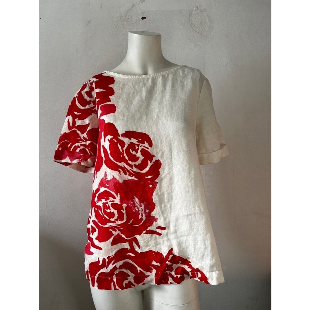 Chico’s Linen Top Sz 0 Red Floral Artsy Summer Vacation Avante Garde Cruise Trip